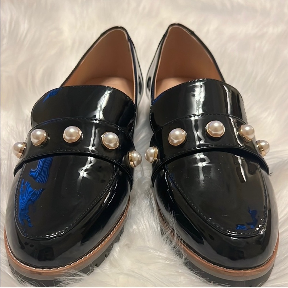 Alex Marie Black Patent Leather Loafers with Pearl Accents 8.5